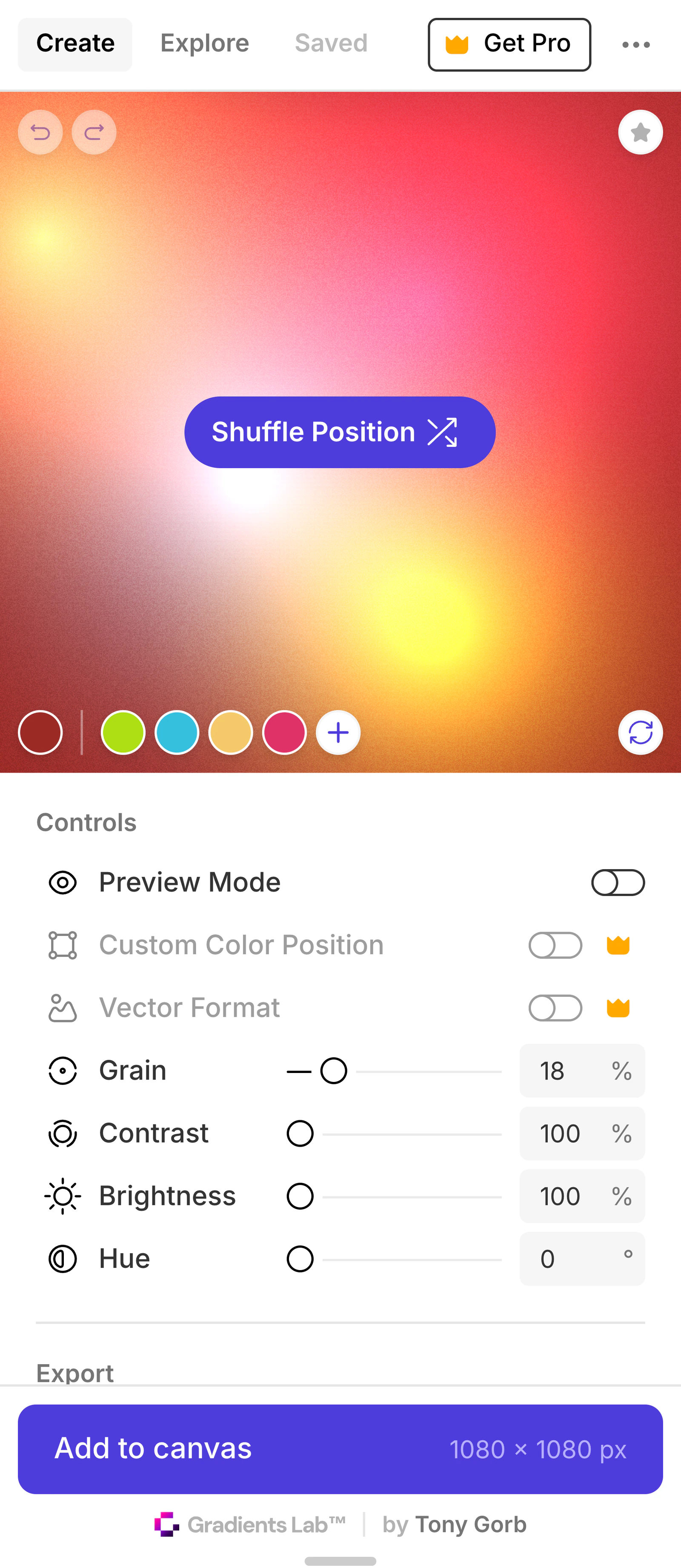 Gradients Lab 1.0 at launch, a 304 px window: a big Shuffle Position button over the gradient, and Custom Color Position greyed out with a Pro crown in the Controls list