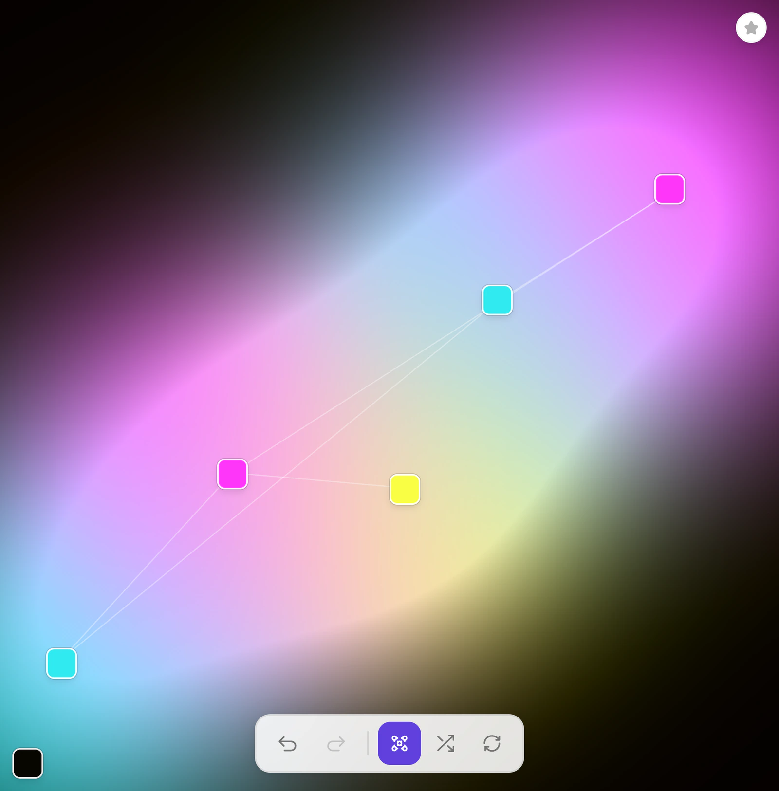 The same field with the Mesh Editor on: five square nodes joined by thin lines and the background node, the mesh button lit on the dock