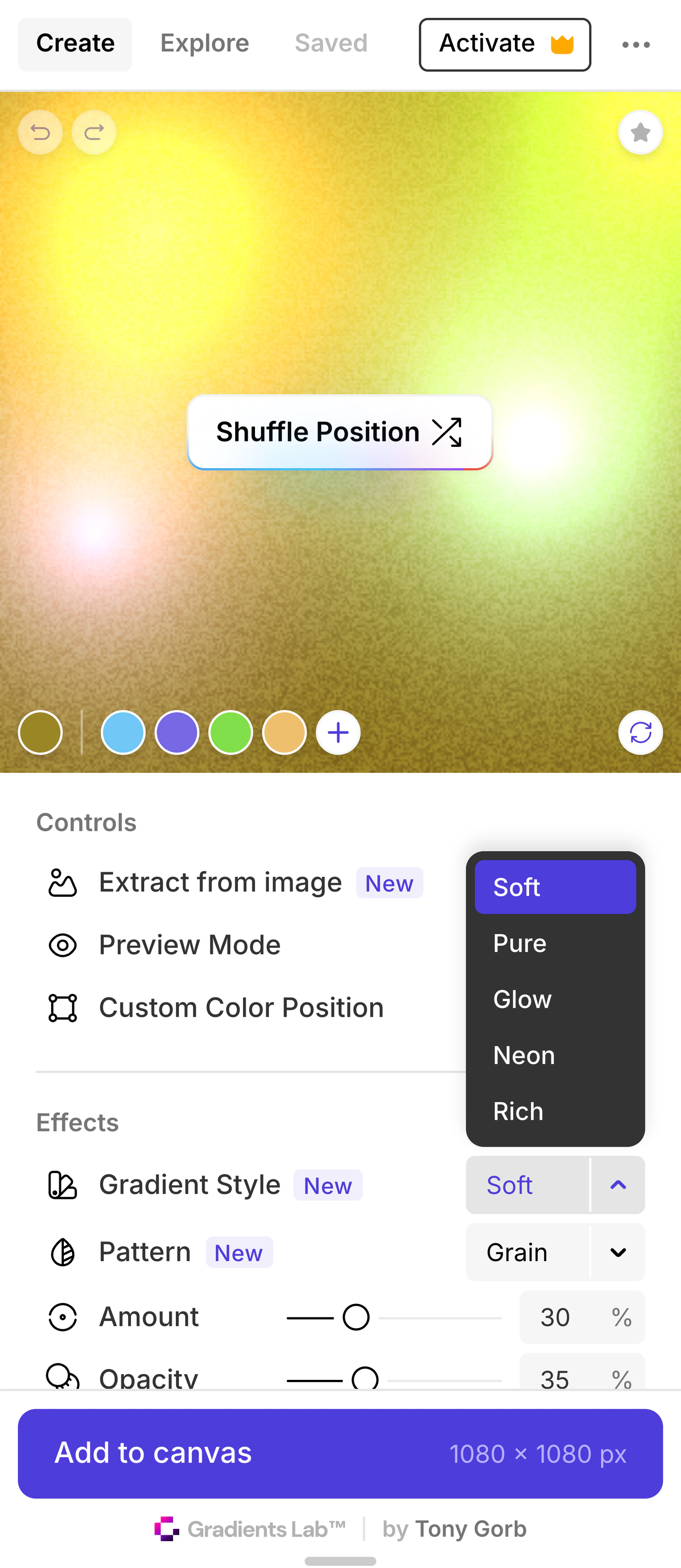 1.0 in March 2025: window with the Gradient Style menu open: Soft, Pure, Glow, Neon and Rich