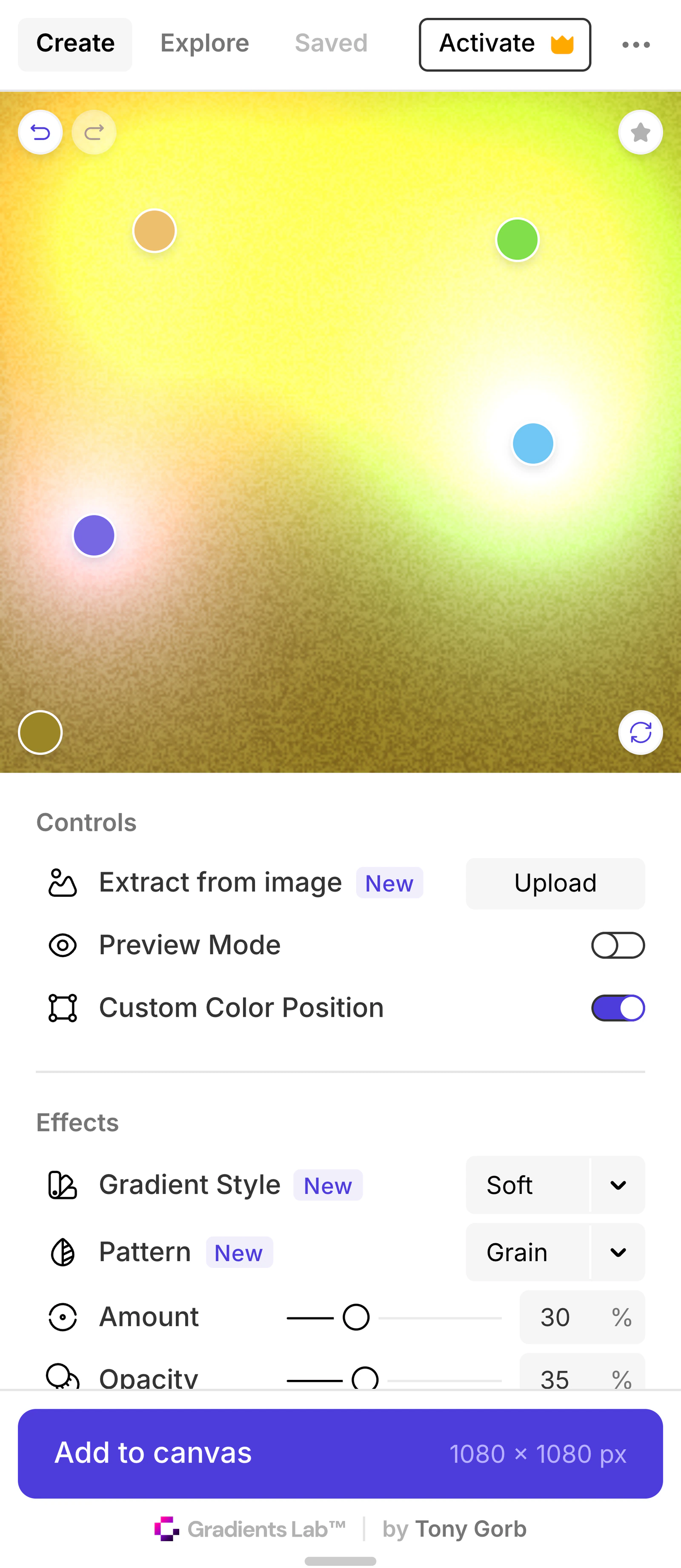 Gradients Lab 1.0 in March 2025, a 304 px window: Custom Color Position switched on and four round colour nodes on the gradient