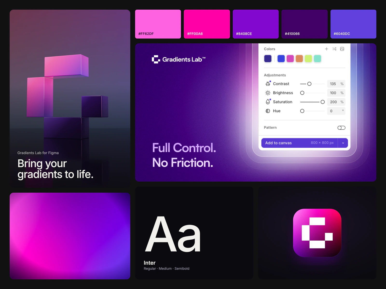 The Gradients Lab brand board: the pixel G rendered in 3D above the line Bring your gradients to life, the logo's gradient colours and the plugin purple, a launch card, Inter, the app icon, and one of the plugin's exports in the brand colours