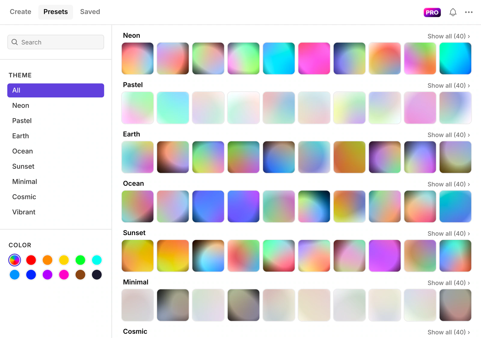 Gradients Lab 2.0's Presets tab: rows of gradient presets for Neon, Pastel, Earth, Ocean, Sunset and Minimal, with theme and colour filters on the left
