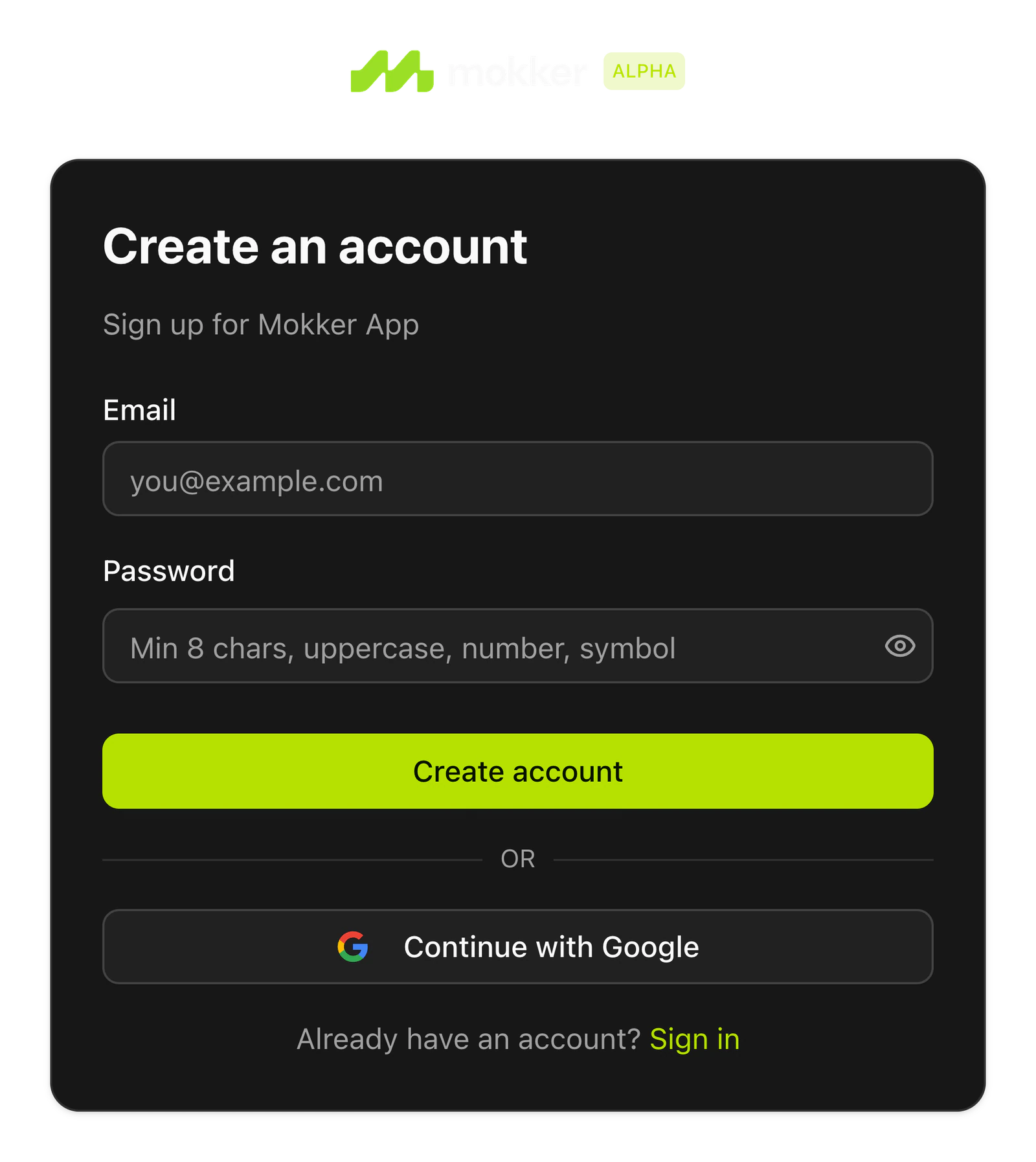Mokker Studio, ALPHA: Create an account, with email or Google