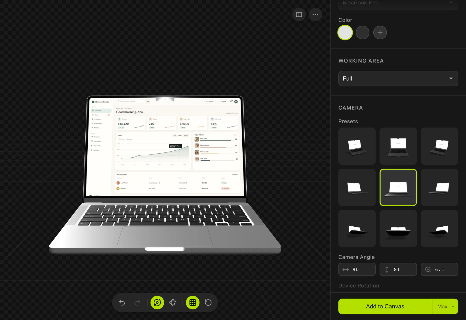 Mokker 2.1.1 with the Harbour Goods dashboard on the MacBook Pro, Add to Canvas set to Max
