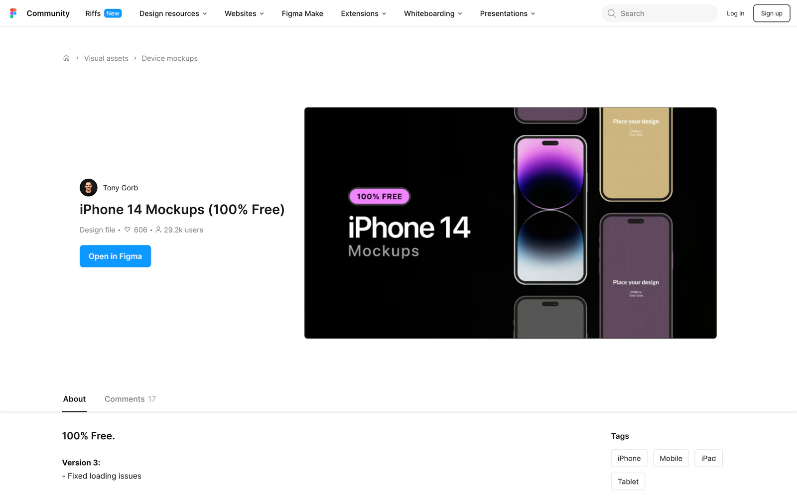 The Figma Community page of my iPhone 14 Mockups (100% Free) file: 29.2k users