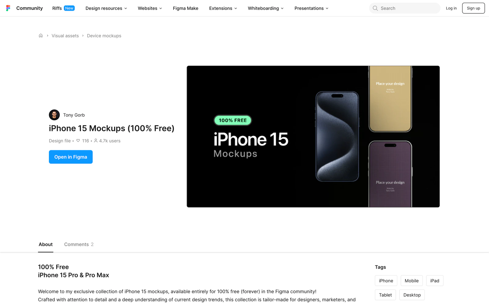 The Figma Community page of my iPhone 15 Mockups (100% Free) file: 4.7k users