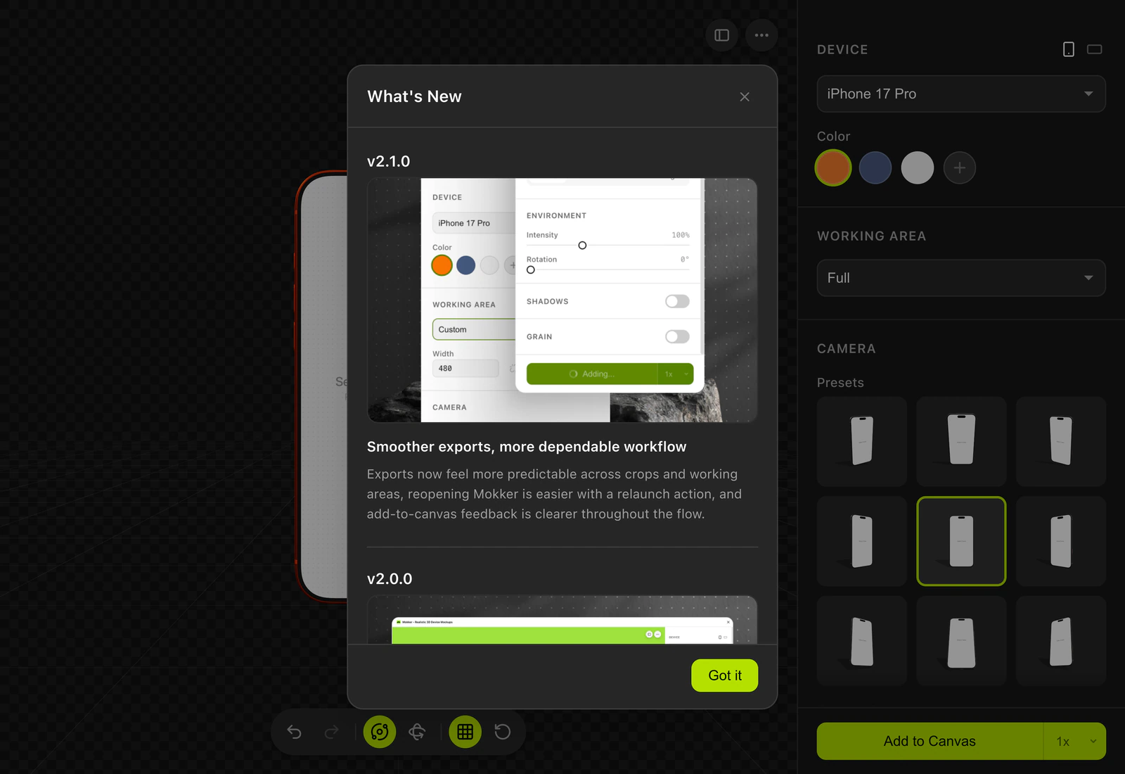 Mokker 2.1.0, dark: the What's New dialog that replaced the tour