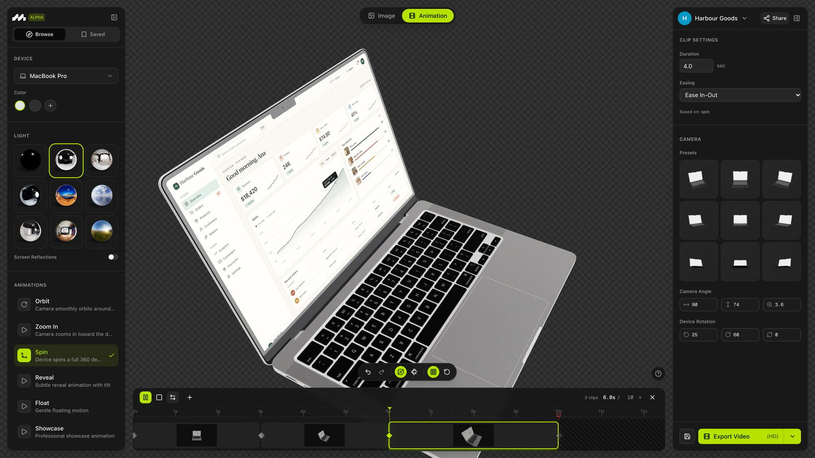 Mokker Studio: the Orbit, Zoom In and Spin clips playing on the MacBook