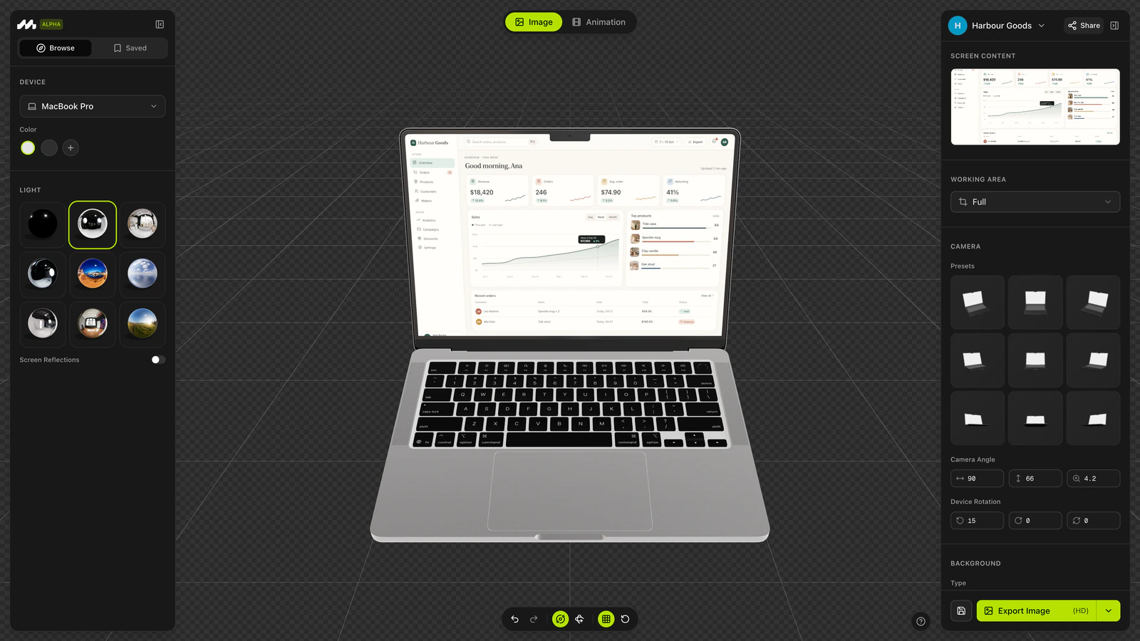 Mokker Studio with the Harbour Goods dashboard on the MacBook, from the front