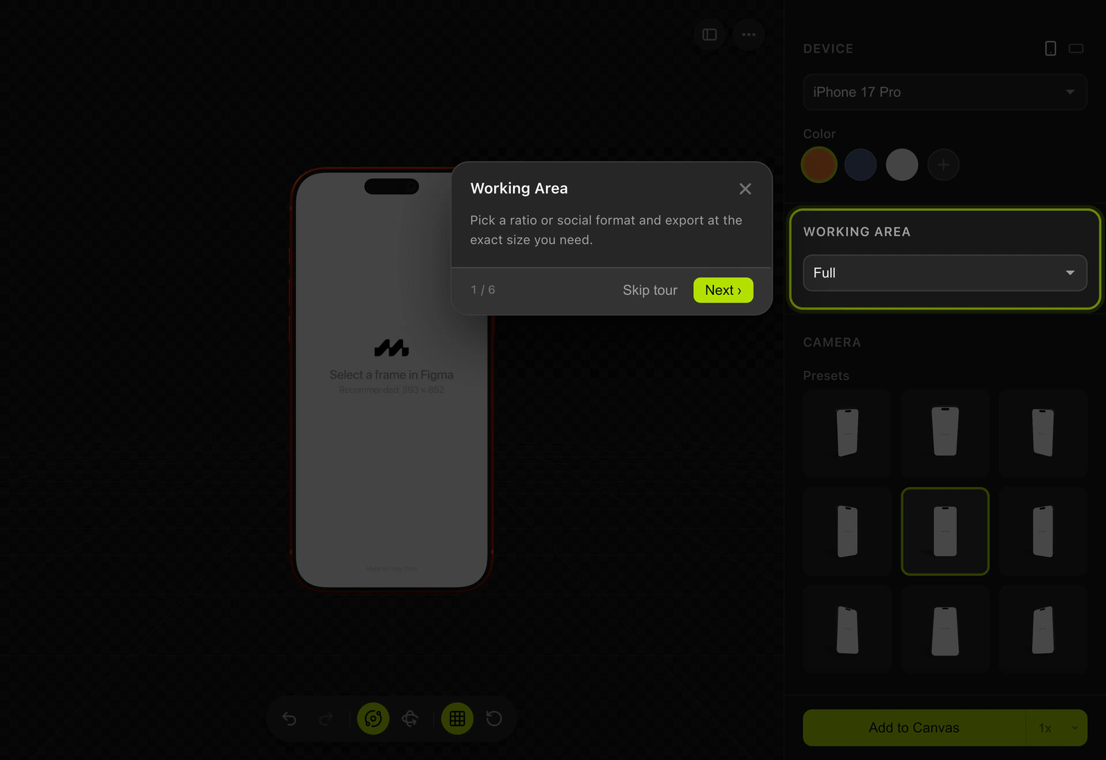 Mokker 2.0.0, dark: step 1 of its six-step tour, Working Area, over the empty plugin