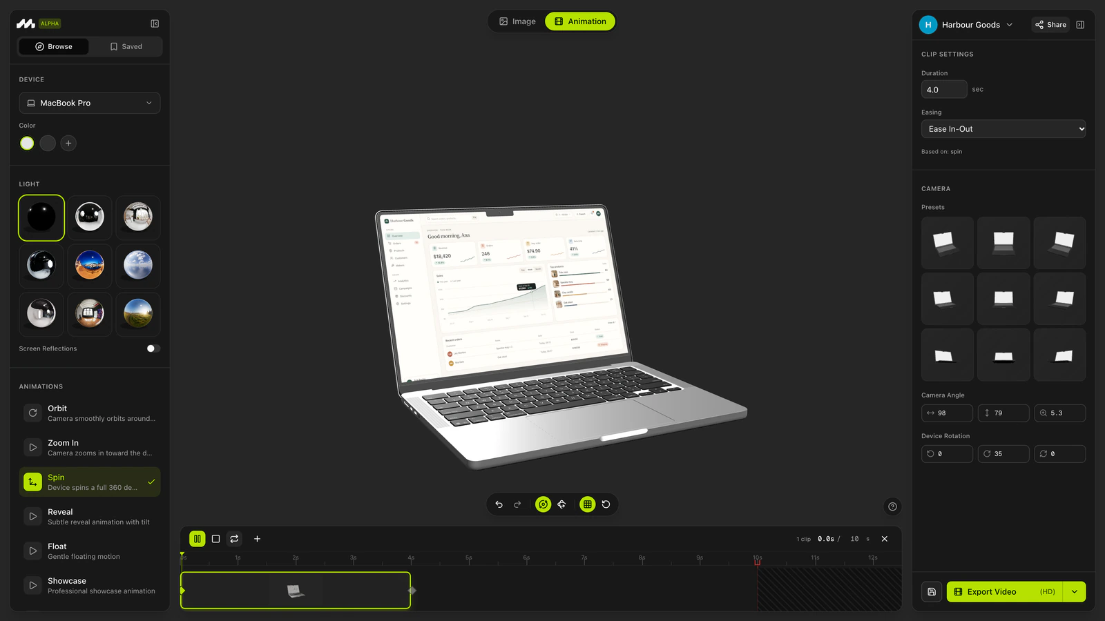 Mokker Studio playing its Spin clip, the demo store's dashboard on the MacBook