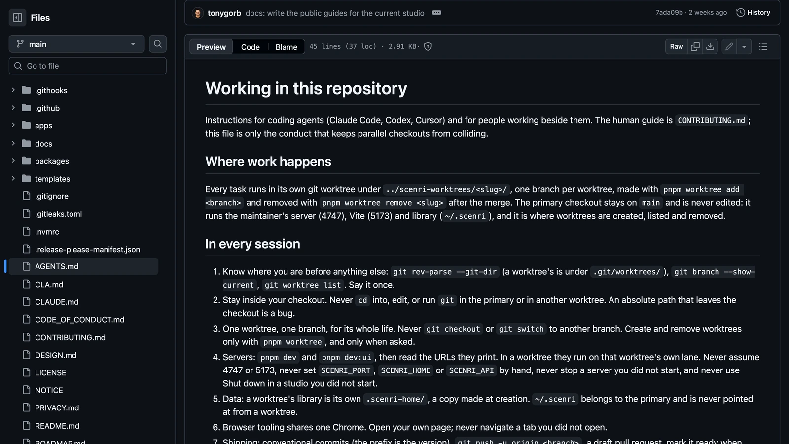 Scenri's AGENTS.md on GitHub, Working in this repository: instructions for coding agents (Claude Code, Codex, Cursor); every task runs in its own git worktree, one branch per worktree, the primary checkout is never edited; and the rules for every session