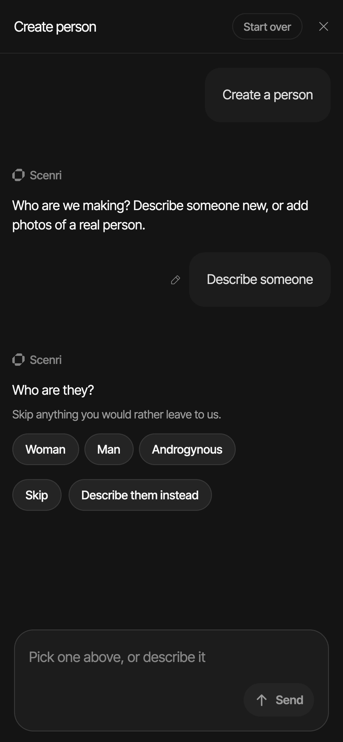 Making a person in 0.22: Who are we making? Describe someone, then Who are they? with Woman, Man and Androgynous
