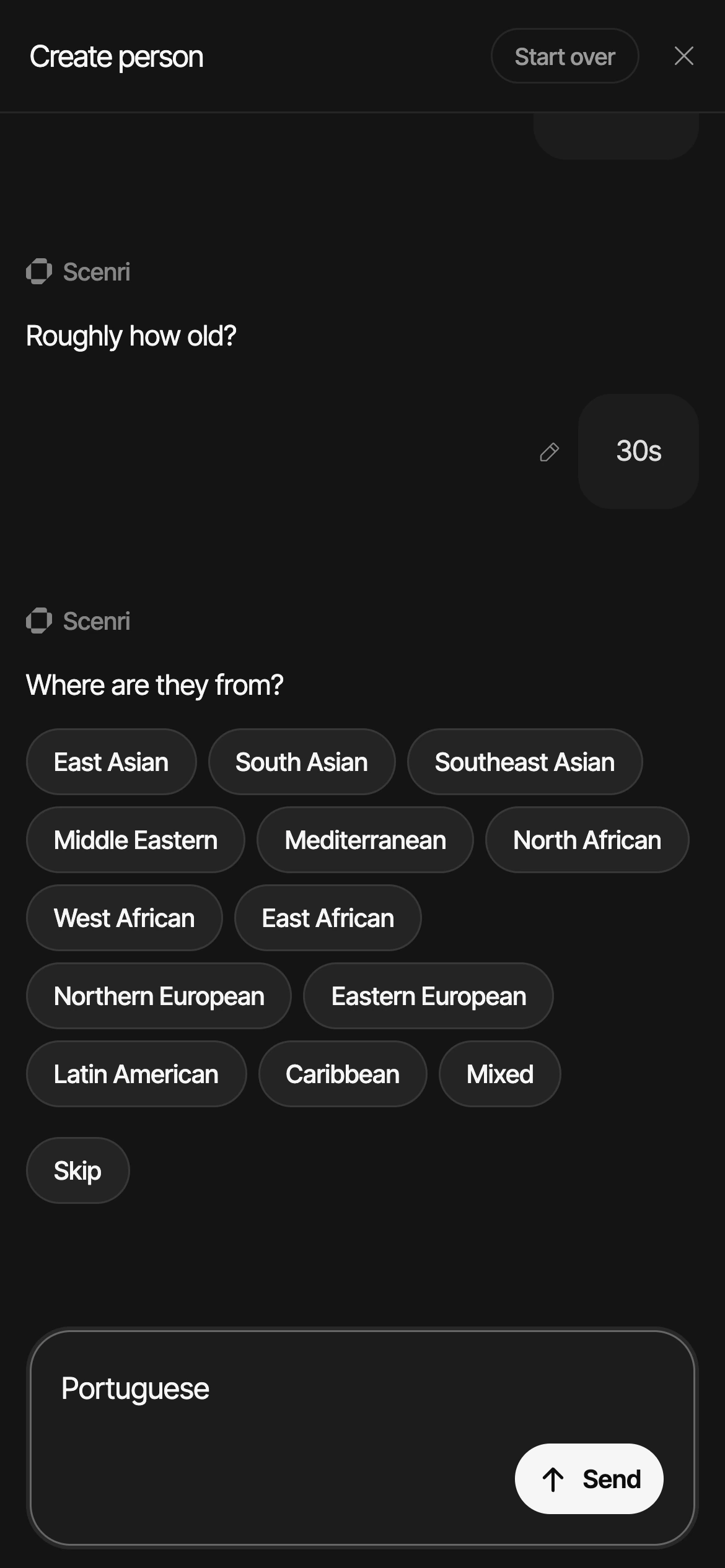 Making a person in 0.22: Where are they from? with a choice of origins, and Portuguese typed in the composer instead