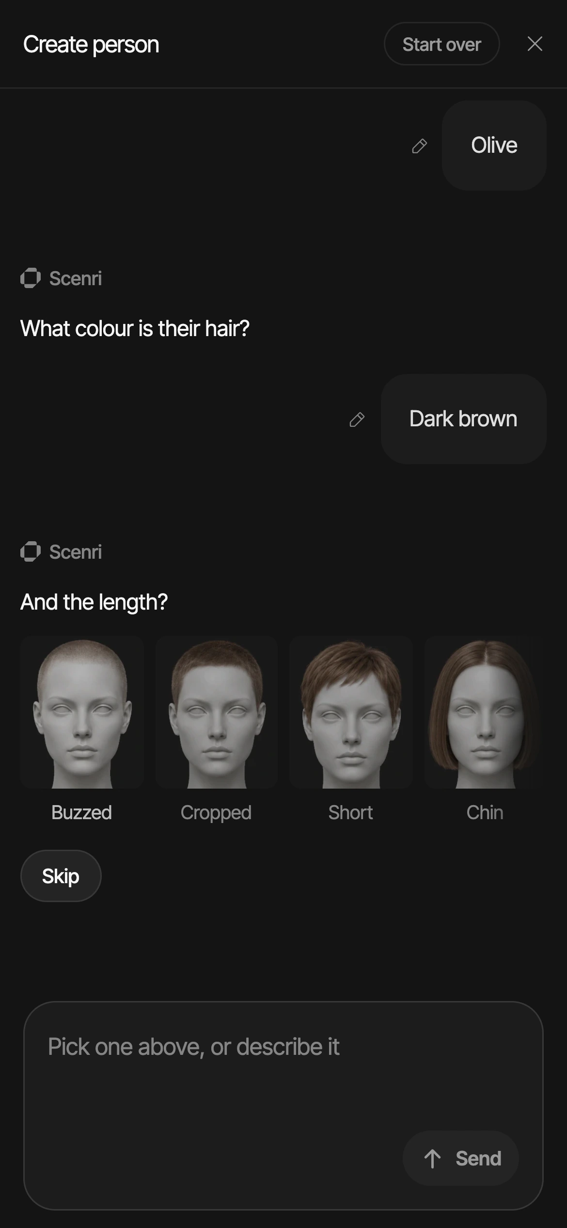 Making a person in 0.22: And the length? with four rendered heads: Buzzed, Cropped, Short and Chin