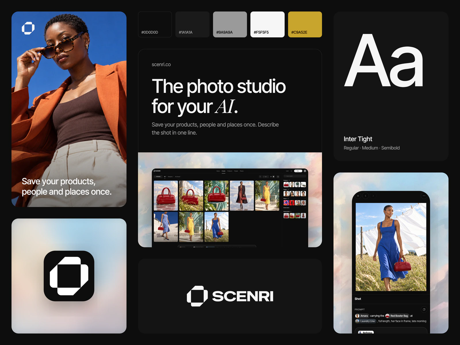 The Scenri brand board: a Scenri shot with the symbol and the line Save your products, people and places once; the app icon on the painted sky; the five colours from near-black to gold; the scenri.co headline The photo studio for your AI over the sky with the Create view rising; the lockup; Inter Tight; and the phone shot view on the sky