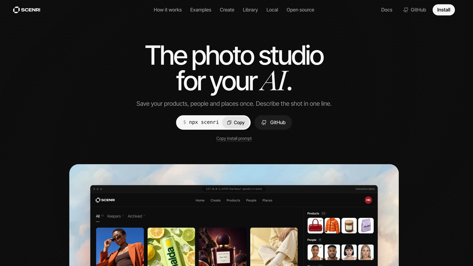 scenri.co, the whole page: The photo studio for your AI, A photo shoot you keep, Made in Scenri, Bring it once in every shot, Or bring the whole store in, Cast once shoot anywhere, Retakes, On your computer, What's new and the footer