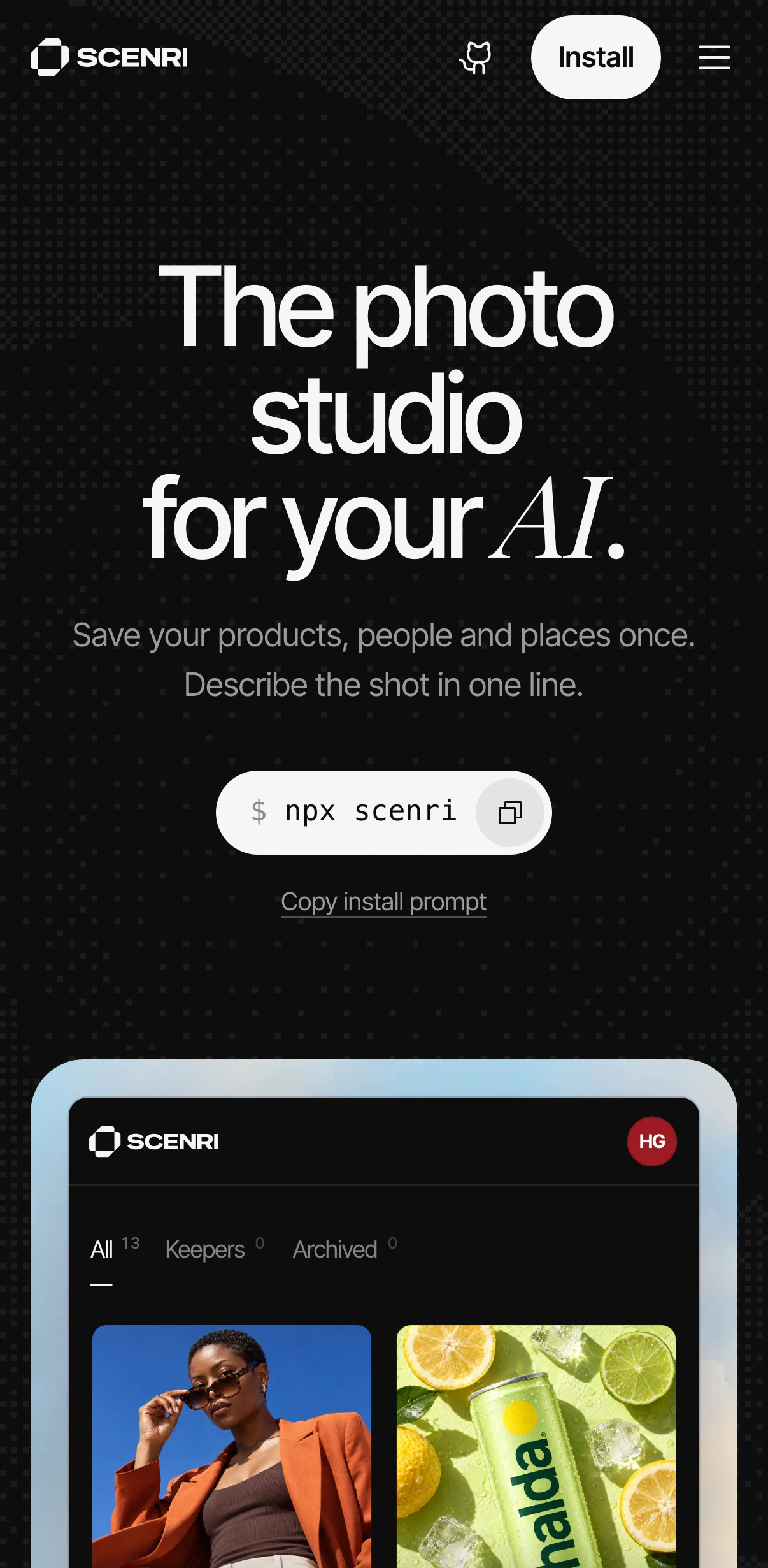scenri.co, the whole page: The photo studio for your AI, A photo shoot you keep, Made in Scenri, Bring it once in every shot, Or bring the whole store in, Cast once shoot anywhere, Retakes, On your computer, What's new and the footer