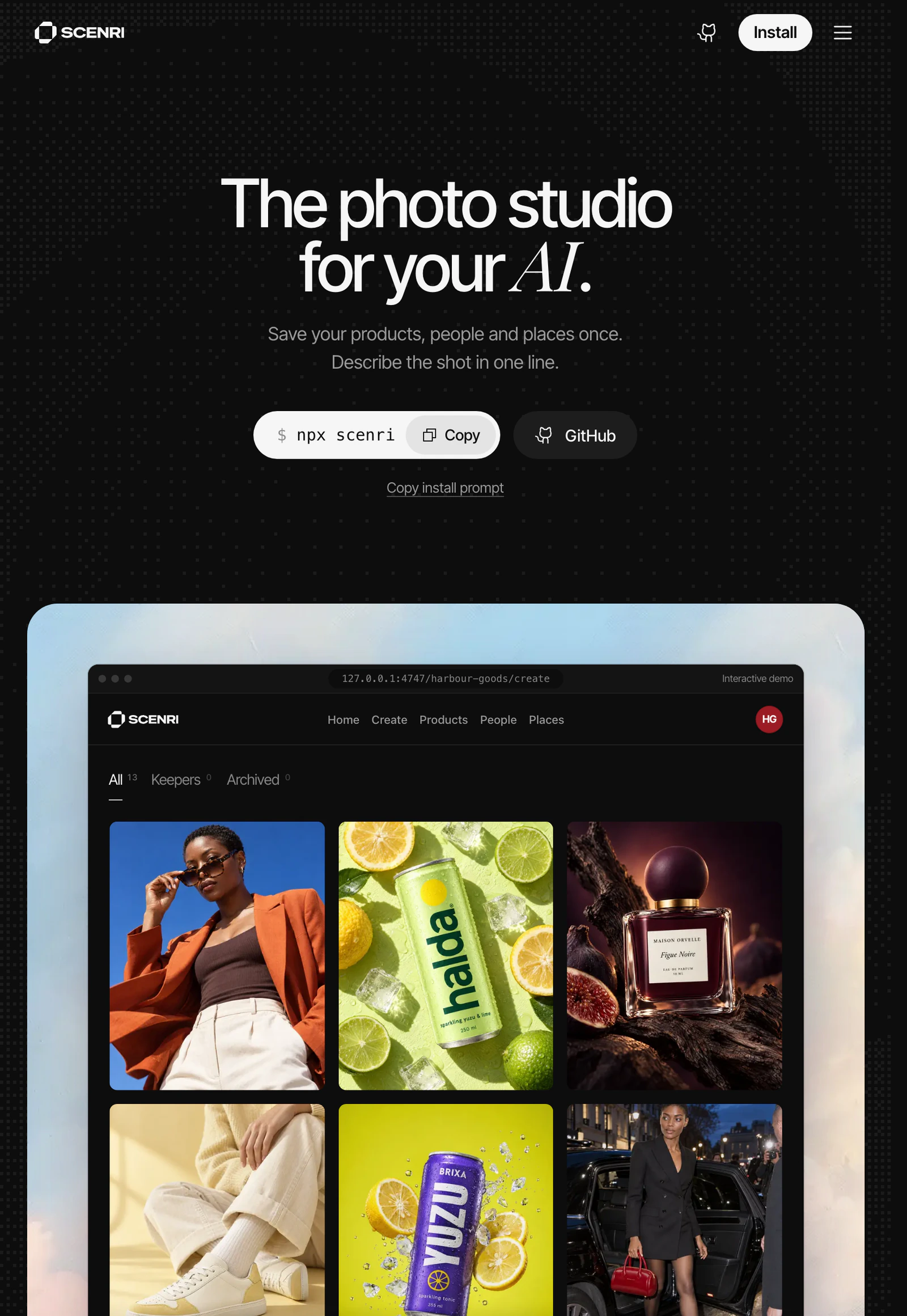 scenri.co, the whole page: The photo studio for your AI, A photo shoot you keep, Made in Scenri, Bring it once in every shot, Or bring the whole store in, Cast once shoot anywhere, Retakes, On your computer, What's new and the footer