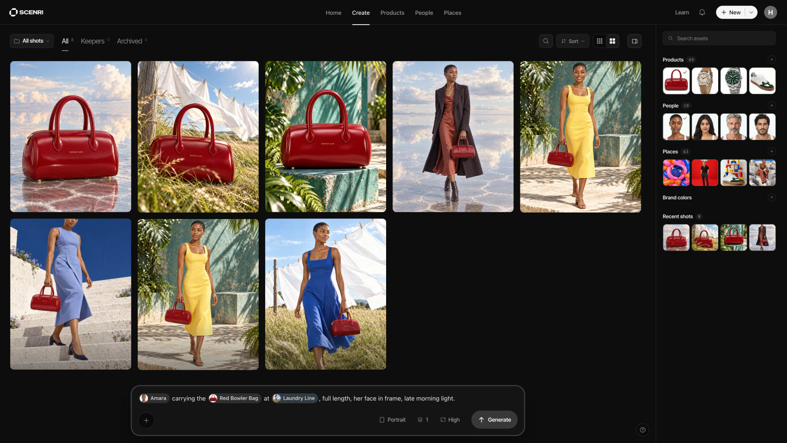 Scenri's Create view: eight shots of the Red Bowler Bag and Amara in different places, and the composer holding the line Amara carrying the Red Bowler Bag at Laundry Line, full length, her face in frame, late morning light