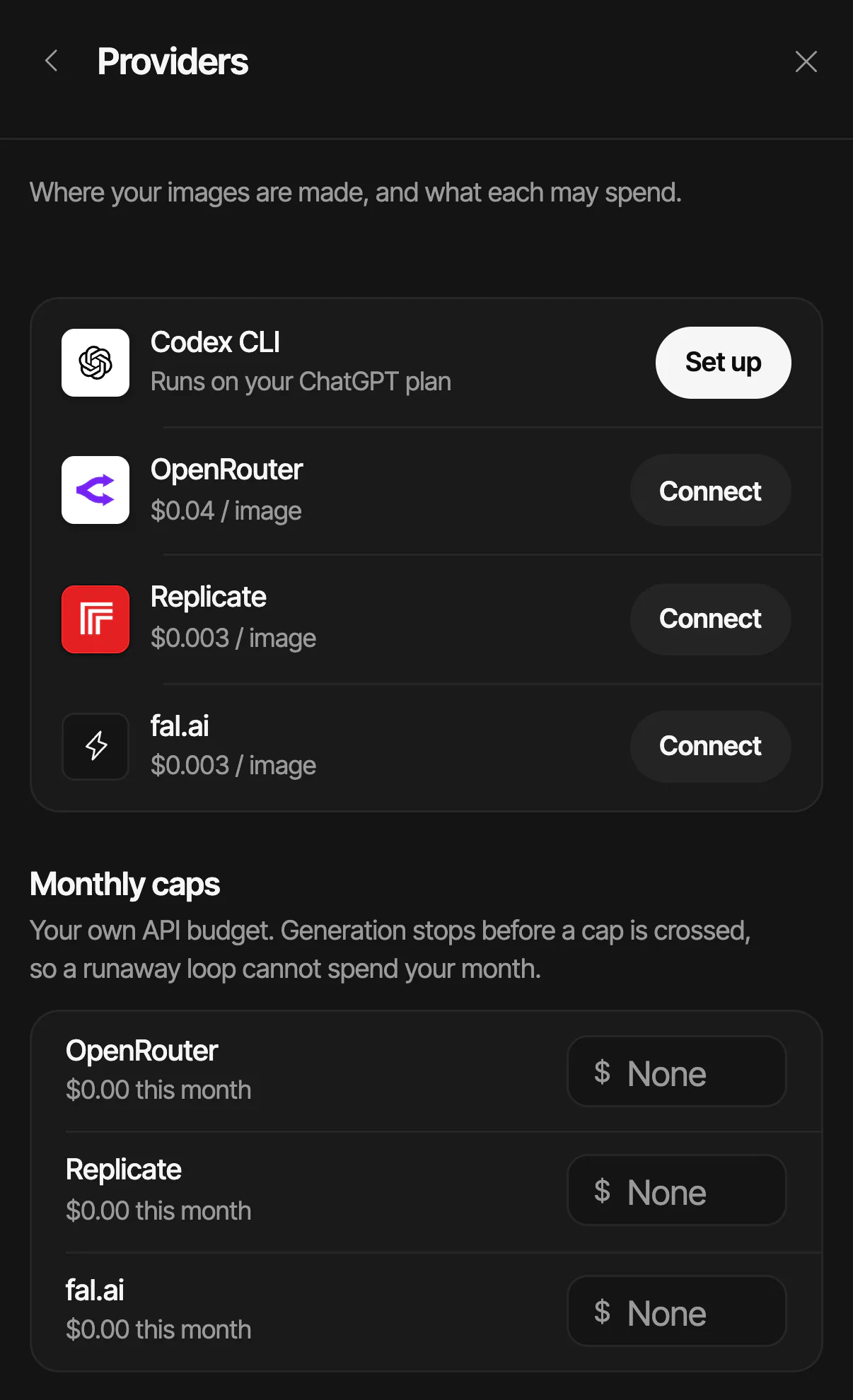 Providers on a phone, on a fresh install: Codex CLI to set up on a ChatGPT plan, OpenRouter, Replicate and fal.ai to connect, and a monthly cap for each paid provider