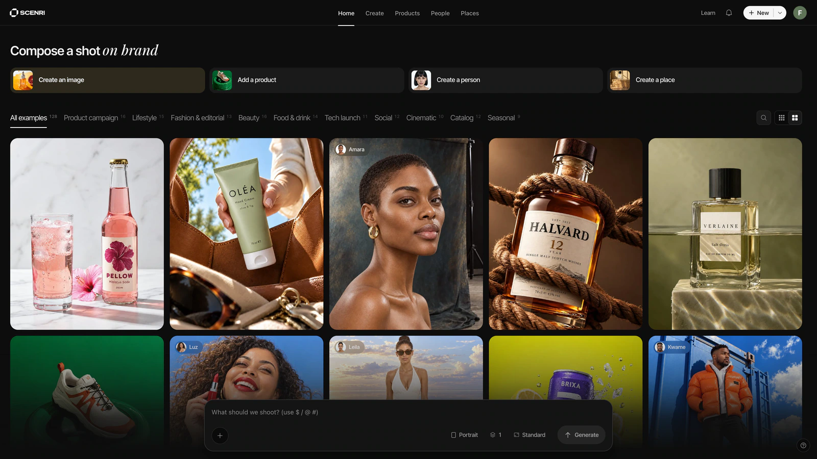 Scenri's Home: the headline Compose a shot on brand, four cards (Create an image, Add a product, Create a person, Create a place), example categories, and a wall of example shots