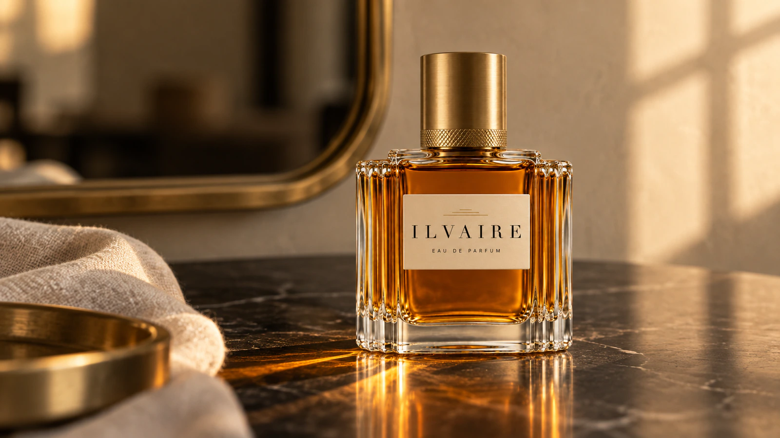 The Ilvaire flacon on a marble table in low sun, a brass tray at the left, linen and a mirror behind