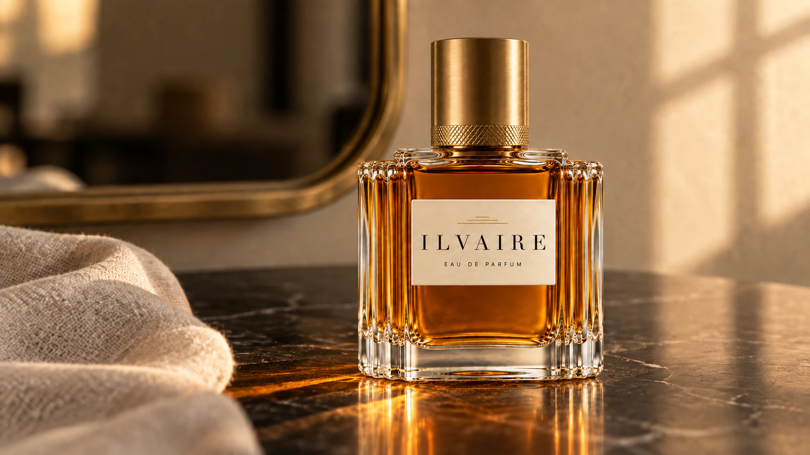 The refinement: the tray gone, the flacon a little closer, the label, linen, mirror and light unchanged