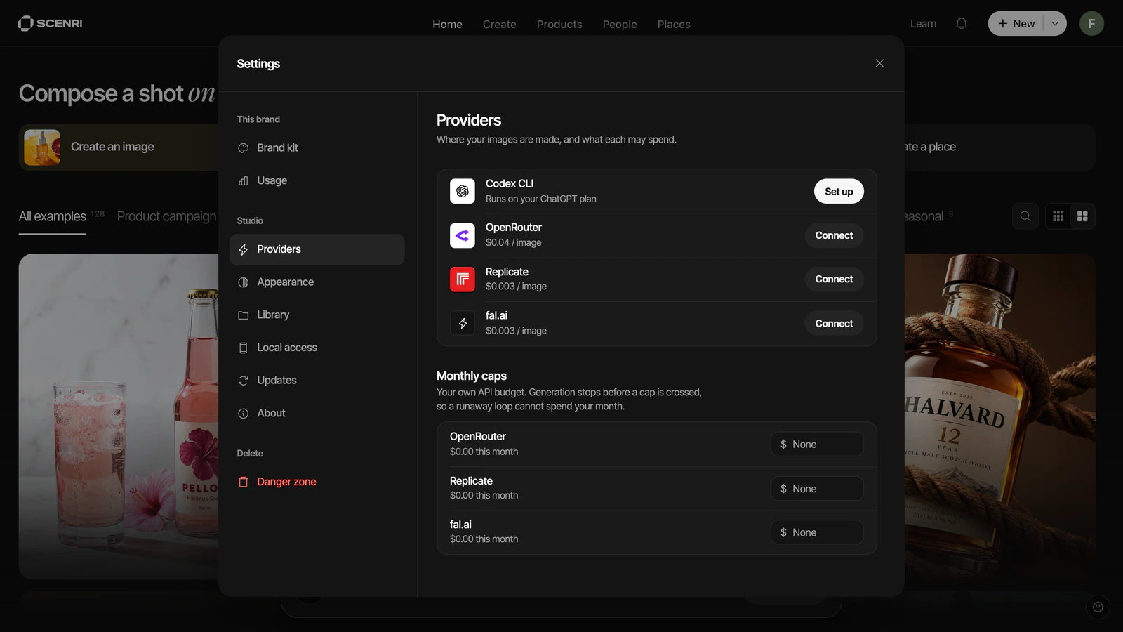 Scenri's Settings open on Providers over Home, on a fresh install: Codex CLI to set up on a ChatGPT plan, OpenRouter, Replicate and fal.ai to connect with their prices per image, and a monthly cap for each paid one