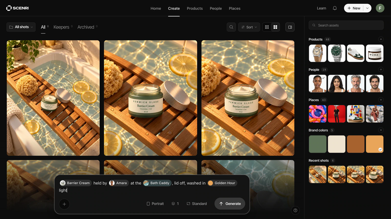 Scenri 0.22's composer: $ opens the products and Barrier Cream is picked, then held by, @ Amara, at the, / Bath Caddy, lid off, washed in, # Golden Hour, light