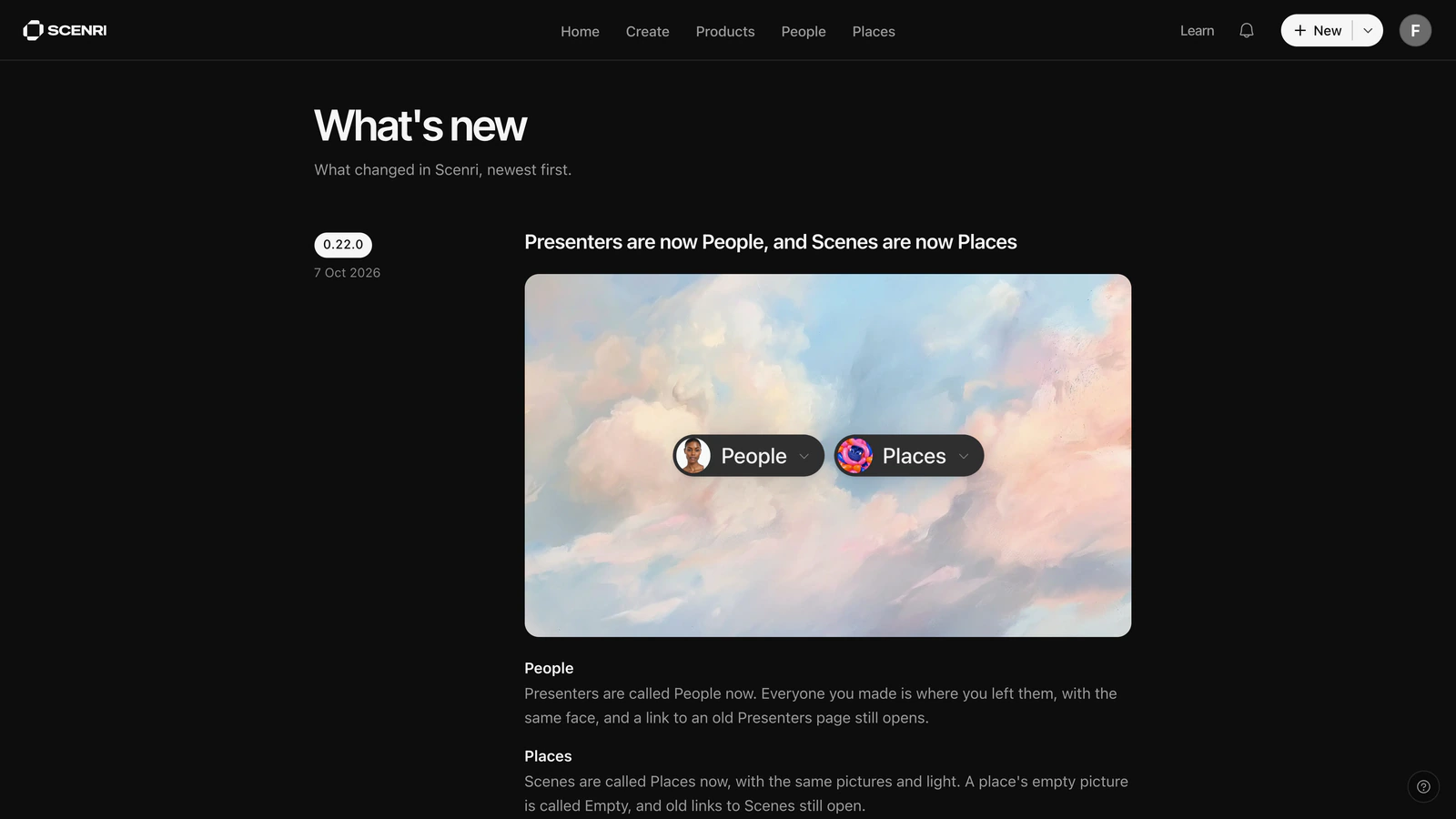 Scenri's What's New page in 0.22.0: the entry Presenters are now People, and Scenes are now Places, its picture of the People and Places chips on the painted sky, and the notes under it
