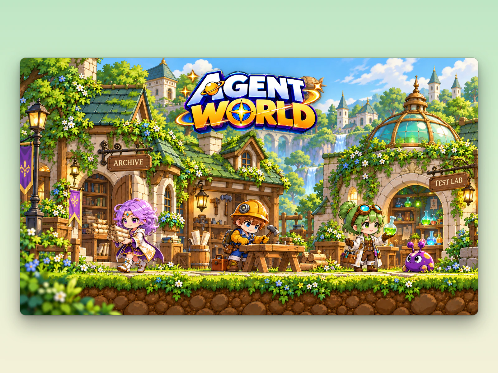 AgentWorld's town: three agents at work, one carrying scrolls out of the Archive, one hammering at a workbench, one at the Test Lab, beside a small purple bug