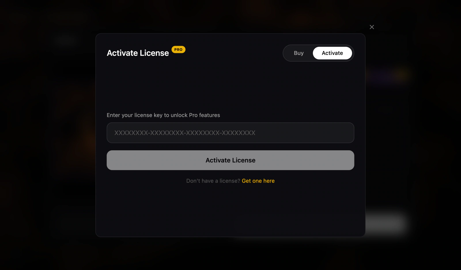 Stardust 1.1.0, Activate License: a field for a licence key and Activate License