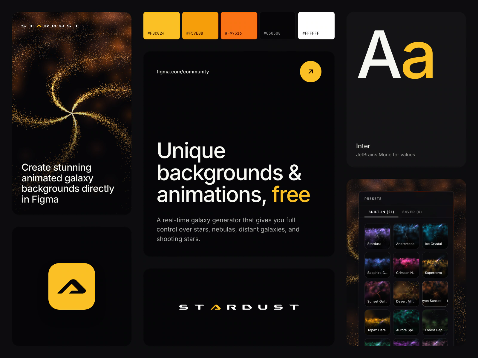 The Stardust brand board: a 4K Canyon Sunset export with the wordmark and the line Create stunning animated galaxy backgrounds directly in Figma; the amber app icon; the palette #FBC024, #F59E0B, #F97316, #050508, #FFFFFF; the Figma Community card, Unique backgrounds & animations, free; the wordmark; Inter with JetBrains Mono; a 9:16 export, and the preset panel