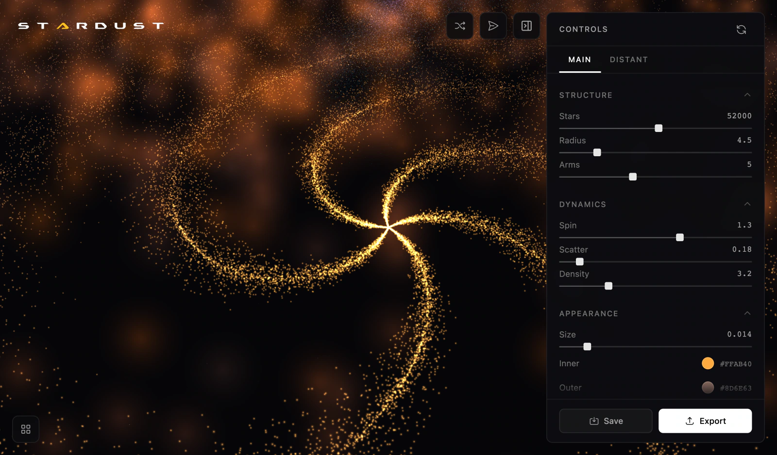 Stardust 1.5.0 with the Controls panel: Structure, Dynamics and Appearance for Canyon Sunset