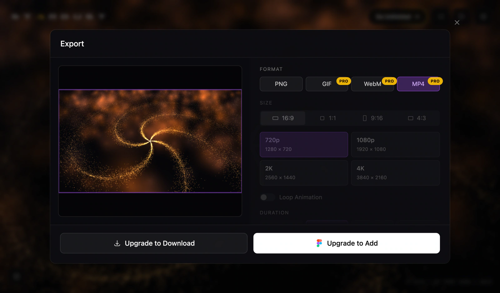 Stardust 1.1.0's Export with MP4 picked: PRO badges, sizes dimmed, Upgrade to Download and Upgrade to Add