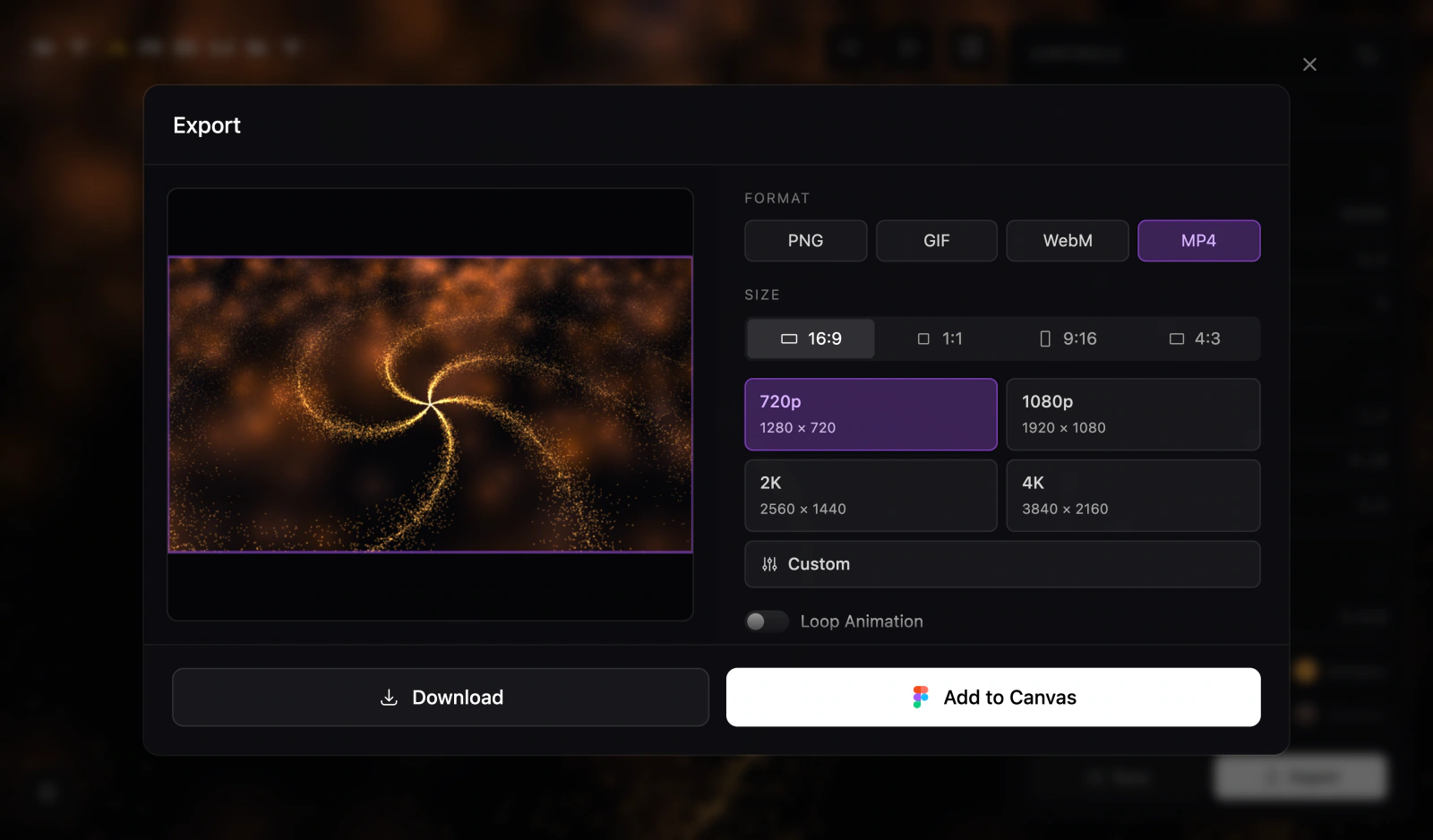 Stardust 1.5.0's Export dialog with MP4 picked: four ratios, 720p to 4K, Custom, Download and Add to Canvas
