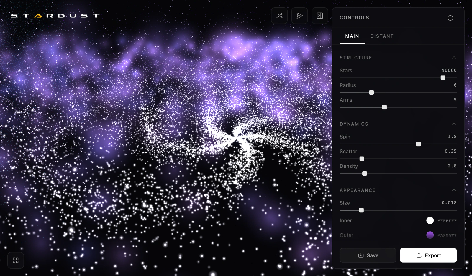 Stardust 1.5.0: the wordmark, the default galaxy and the Controls panel
