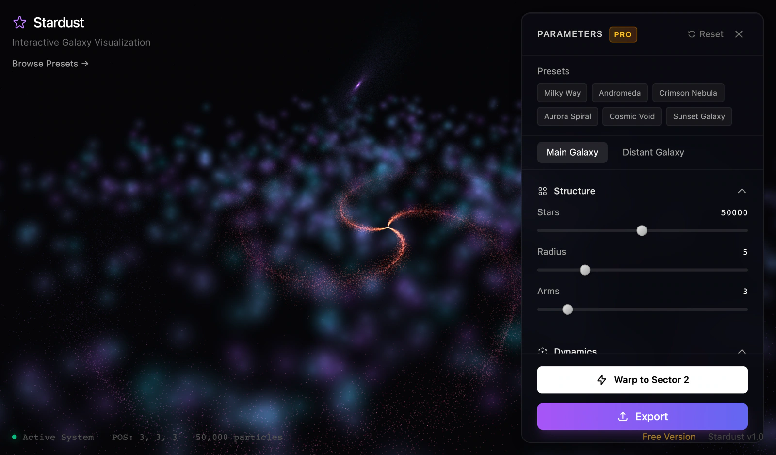 The first build, 21 December: a star and the title Stardust, and one Parameters panel with preset chips, sliders, Warp to Sector 2 and a violet Export