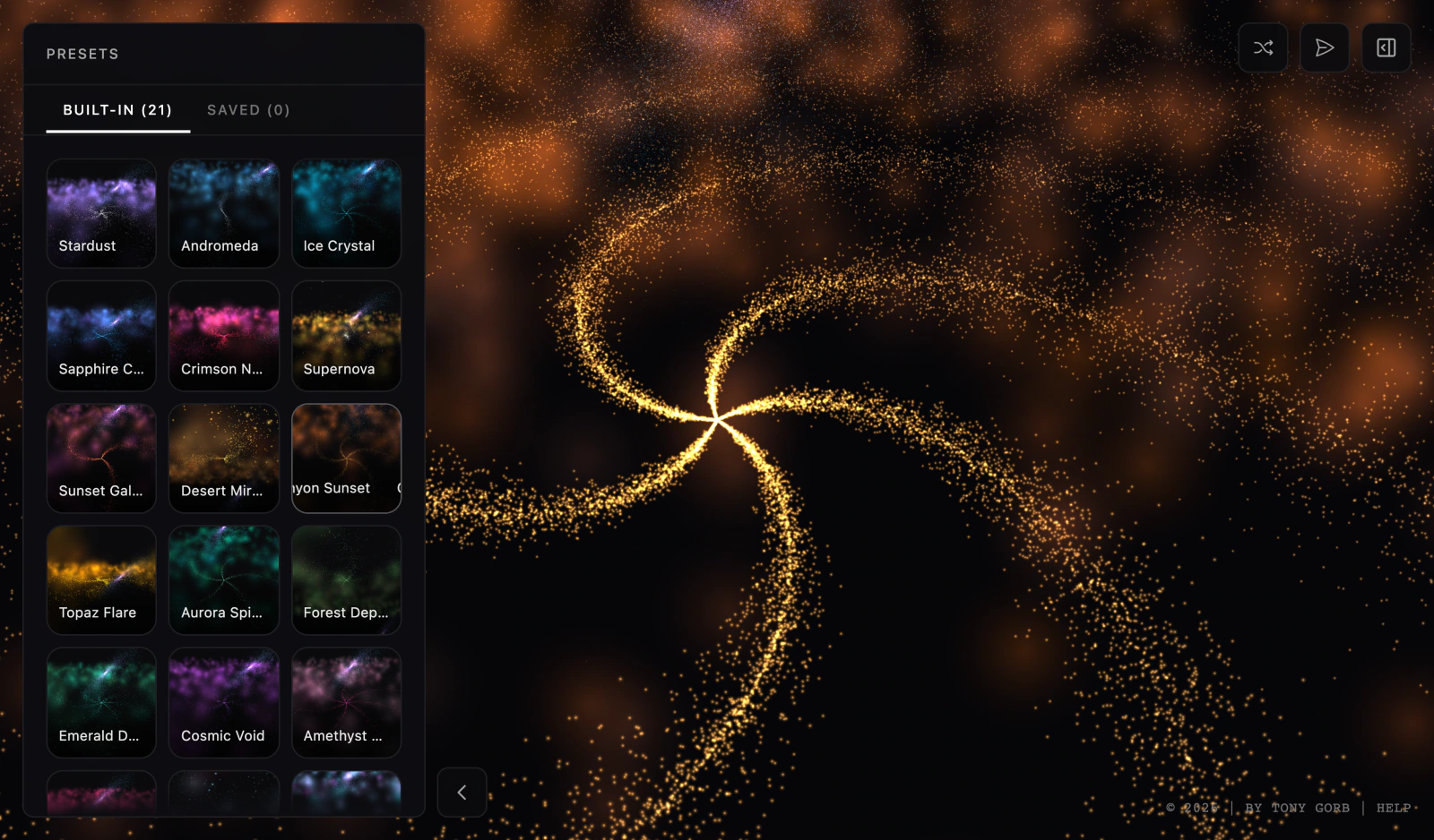 Stardust 1.5.0 with the preset browser open, Built-in (21), Canyon Sunset selected and drawn behind it
