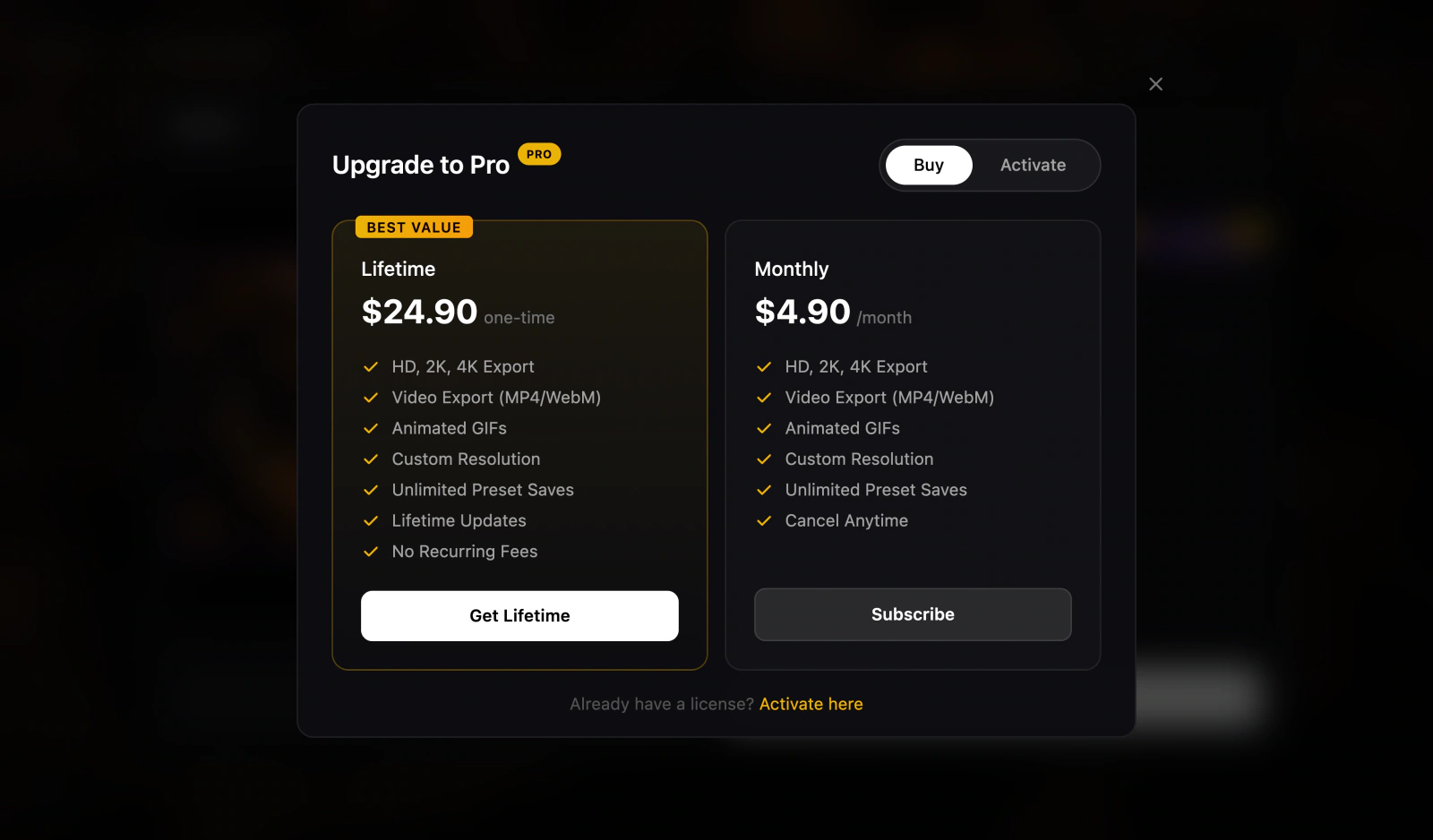 Stardust 1.1.0, Upgrade to Pro: Lifetime $24.90 one-time or Monthly $4.90 a month, each listing HD, 2K, 4K export, video, GIFs, custom resolution and unlimited preset saves
