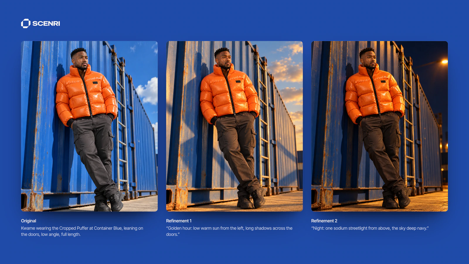 One shot and two refinements in Scenri: the original, then golden hour, then night