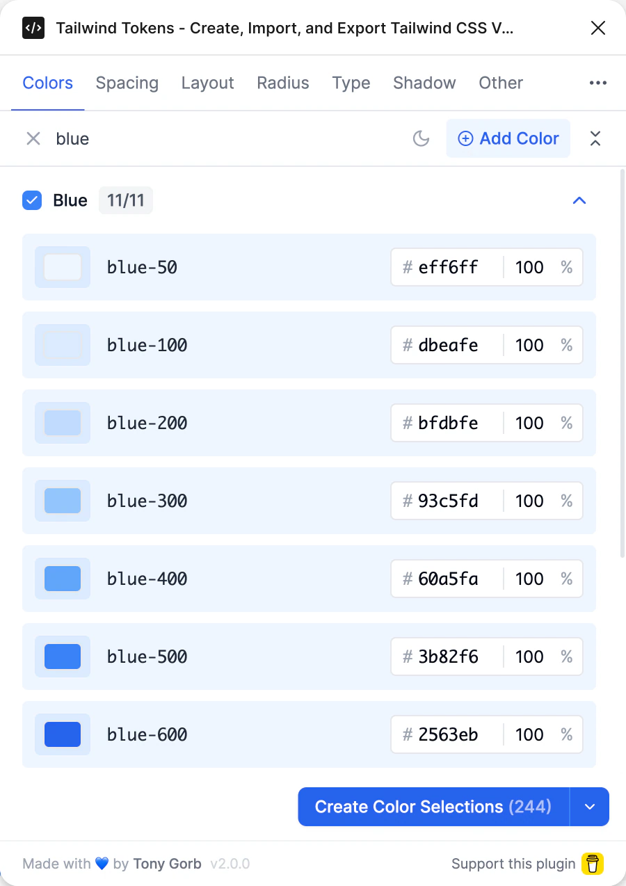 The plugin's Colors tab searched for blue: blue-50 to blue-600 with their hex values, above Create Color Selections (244)