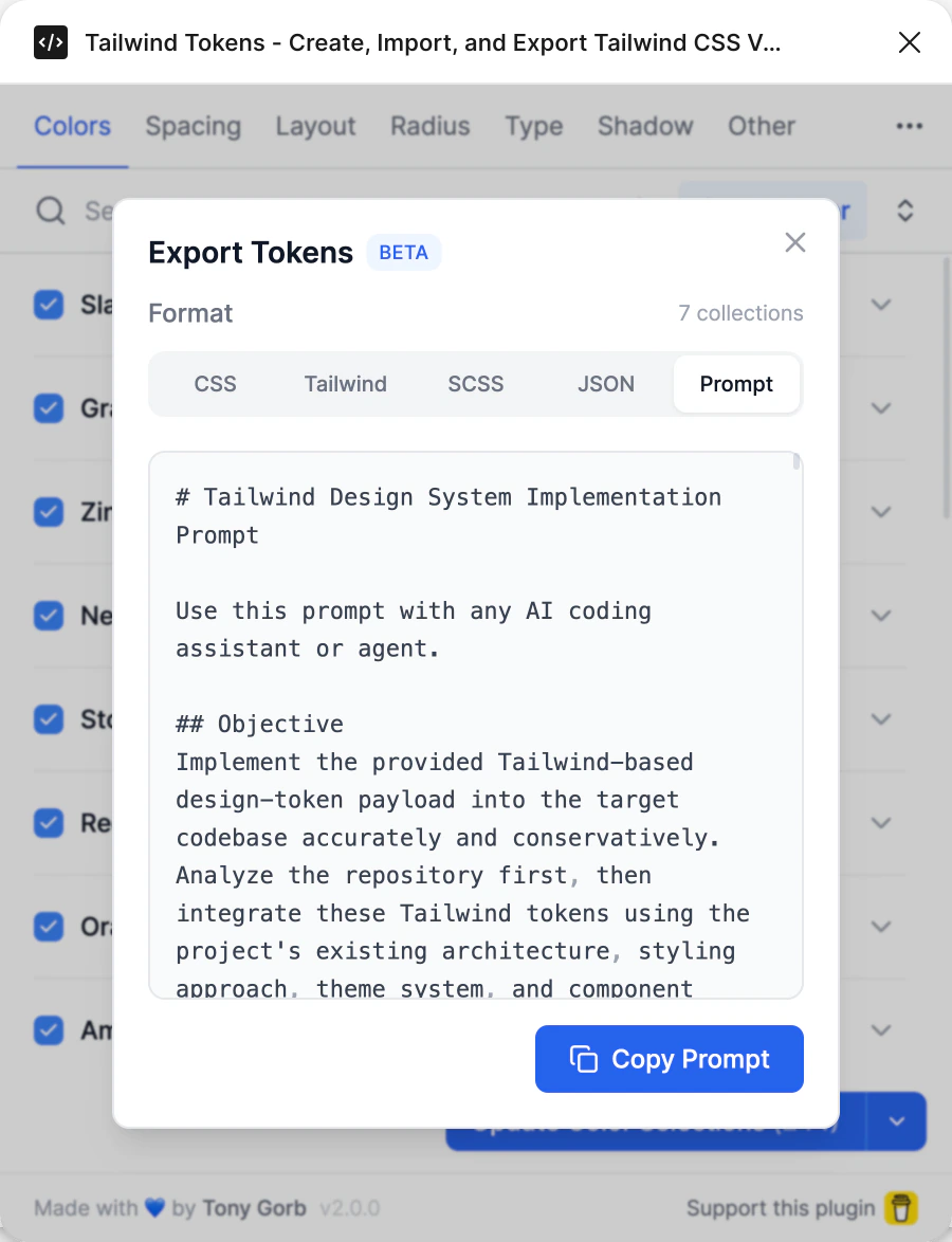 Export Tokens set to Prompt: Tailwind Design System Implementation Prompt, instructions for an AI coding tool