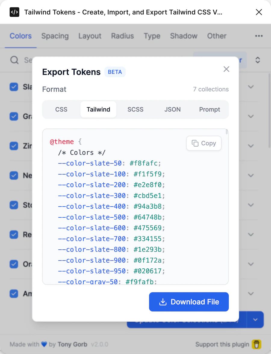 Export Tokens set to Tailwind: an @theme block opening with the Colors collection, --color-slate-50 onwards