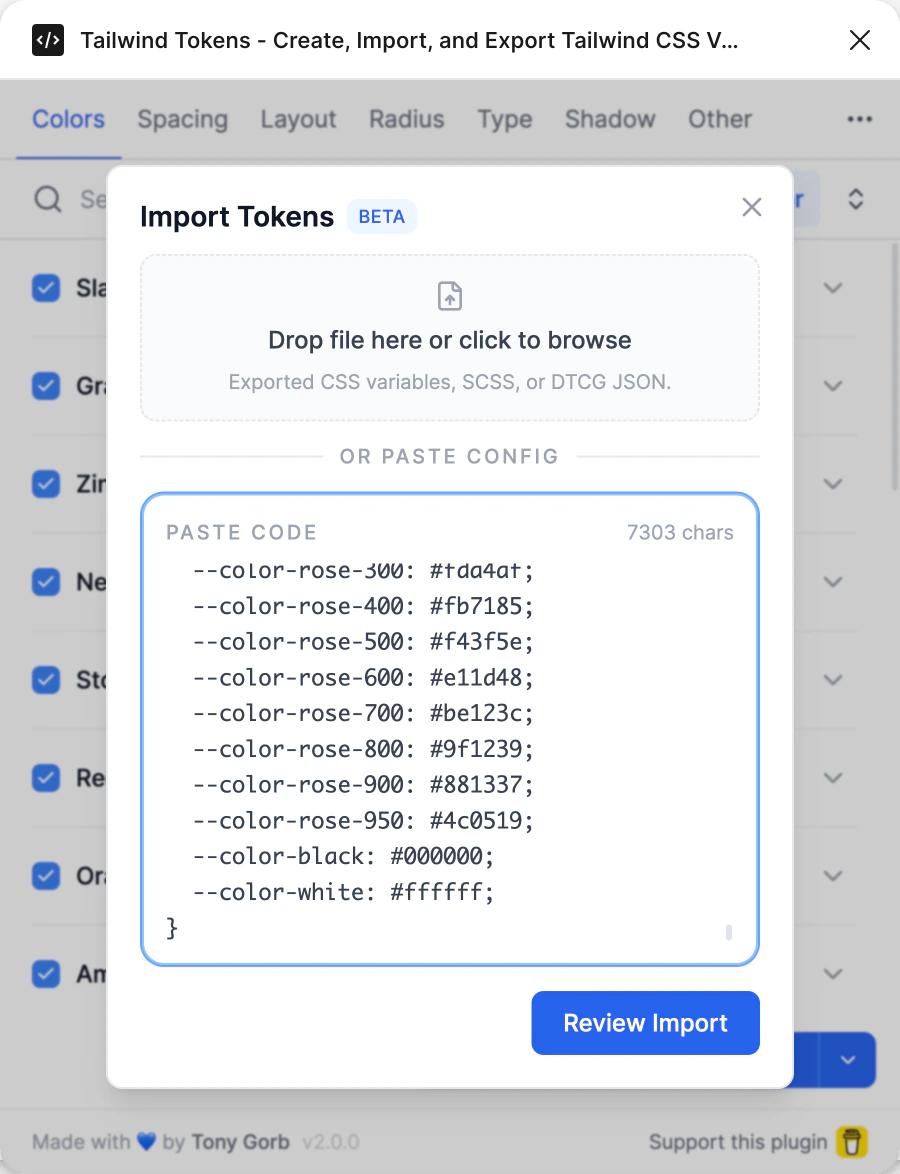 Import Tokens with a CSS file of colour variables pasted into the Paste code box, and Review Import
