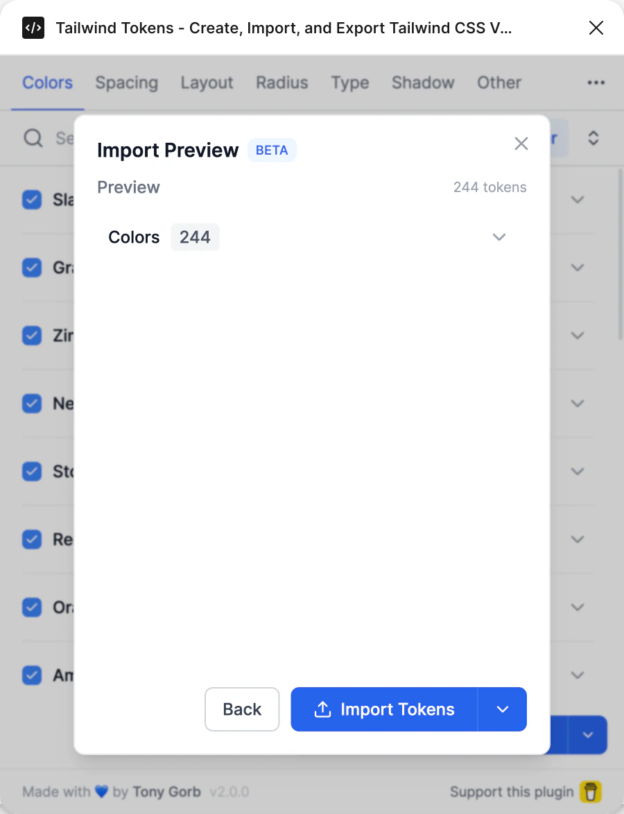 Import Preview: 244 tokens found, all in Colors, with Back and Import Tokens