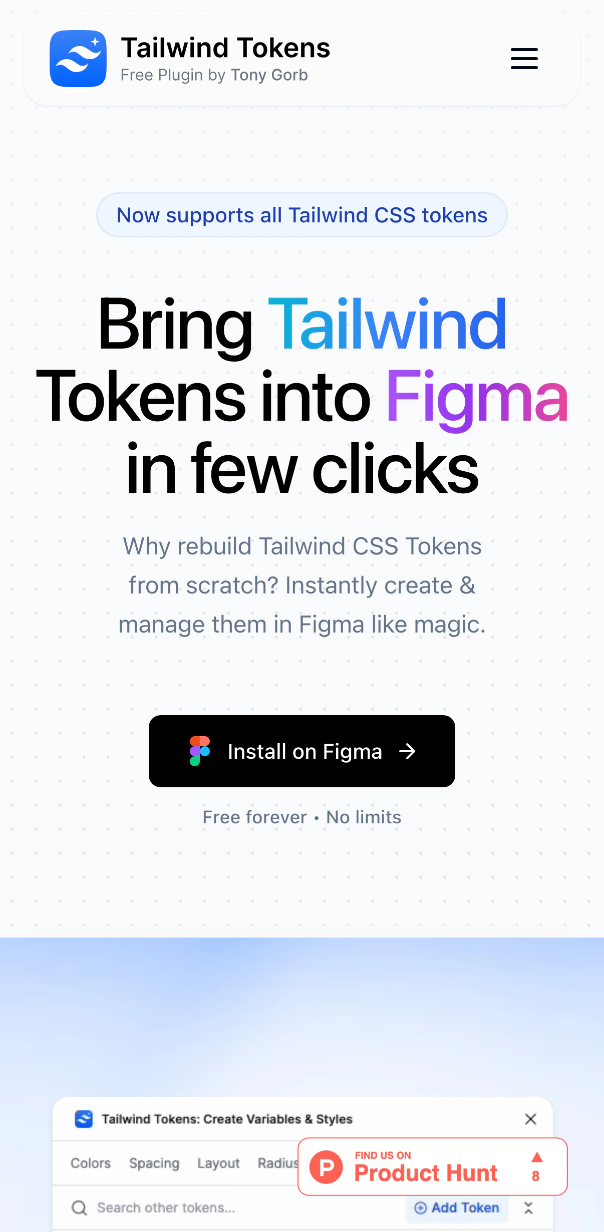tailwindtokens.com, the whole page: Bring Tailwind Tokens into Figma in few clicks, the plugin running in a Figma window, six features, reviews, a FAQ and Get started with Tailwind Tokens