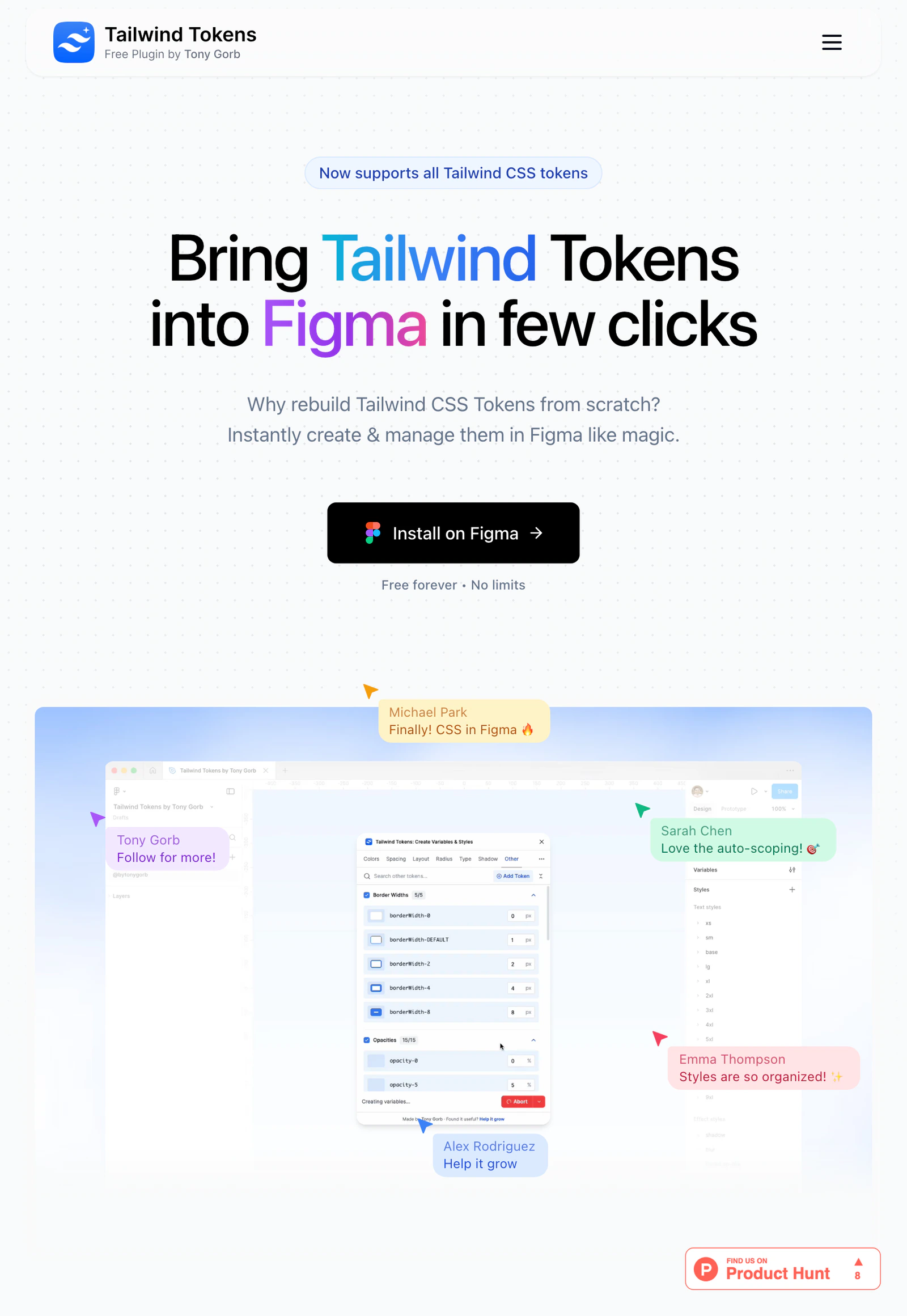 tailwindtokens.com, the whole page: Bring Tailwind Tokens into Figma in few clicks, the plugin running in a Figma window, six features, reviews, a FAQ and Get started with Tailwind Tokens