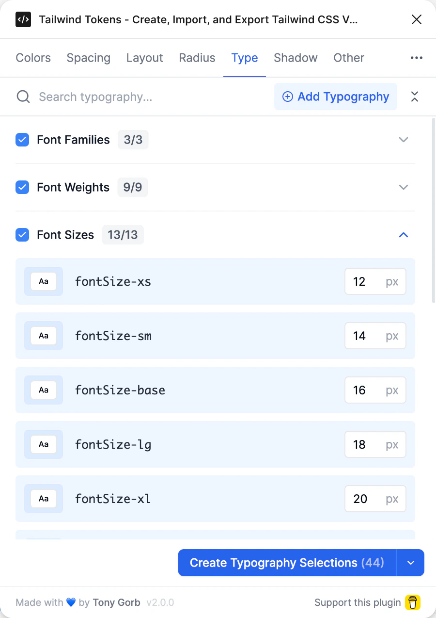 The Type tab with Font Sizes open: fontSize-xs 12 px, sm 14, base 16, lg 18, xl 20, 2xl 24